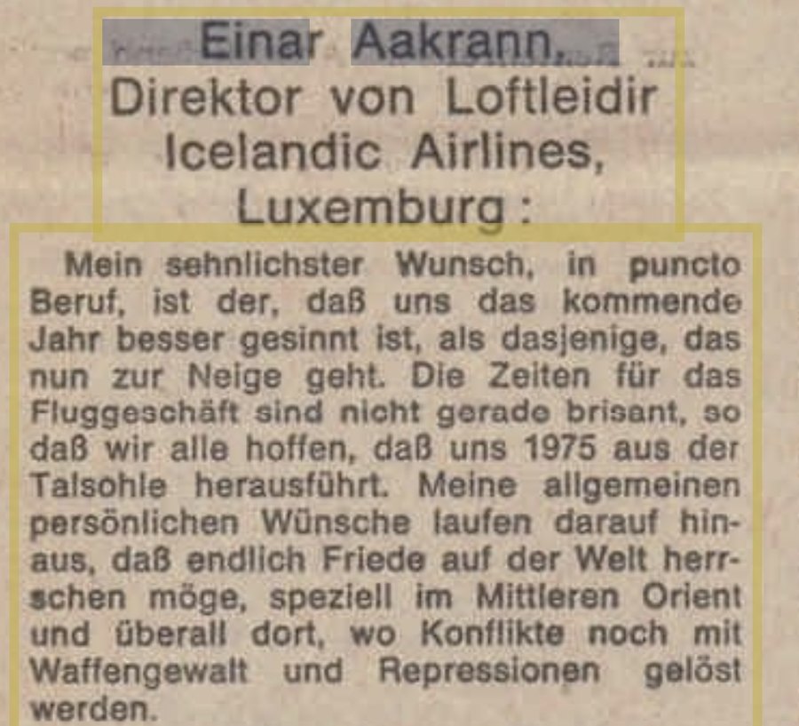 Zeitungsausschnitt: Einar Aakrann, Direktor von Loftleidir Icelandic Airlines, Luxemburg, Neujahrswunsch 1975